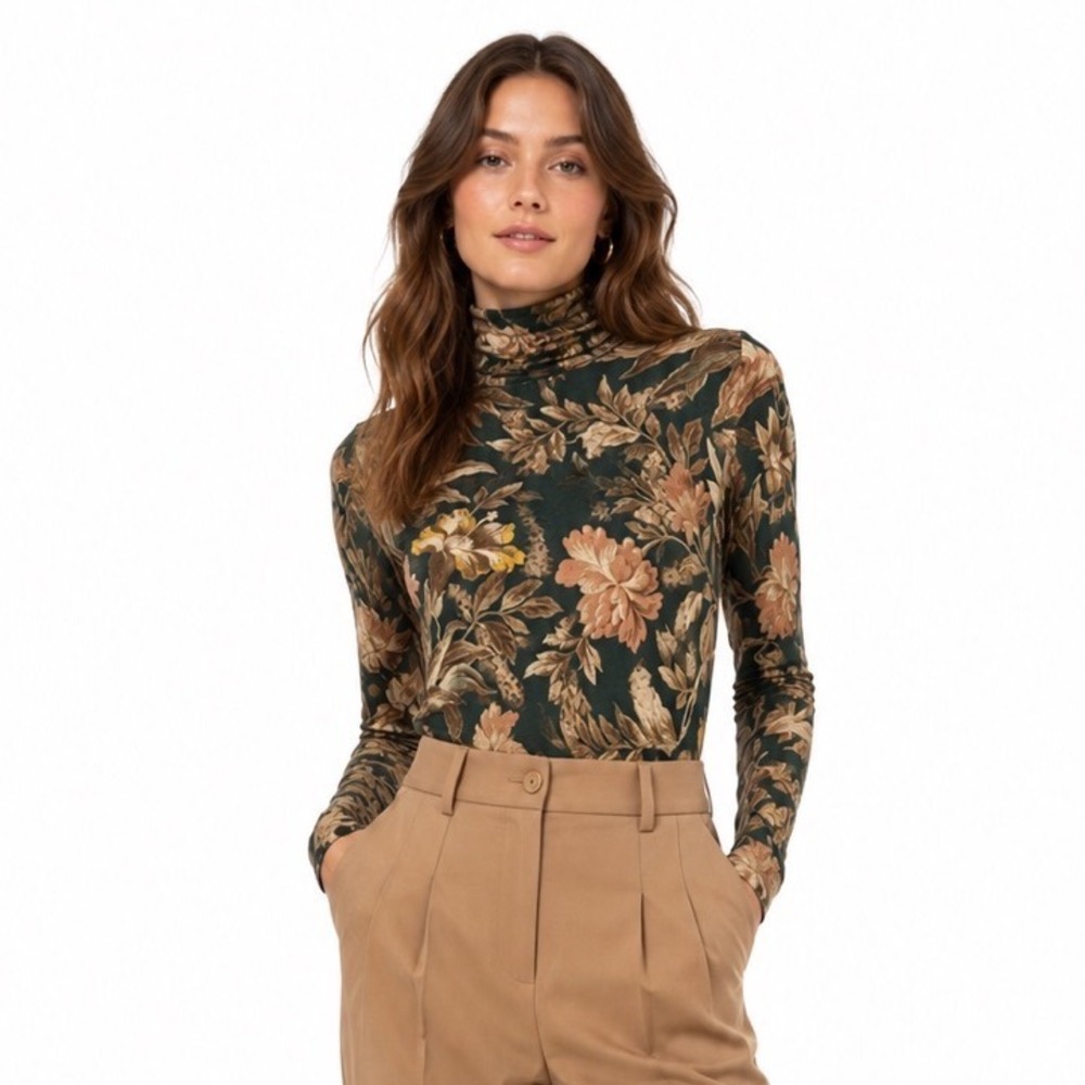 H&M Green Gold Floral Turtleneck Long Sleeve Modal Top M Fairycore Preppy 114-21